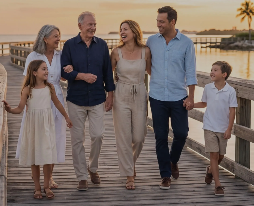Multi-generational family walking together in Wellington, Florida, representing Gobin Law’s estate planning services.