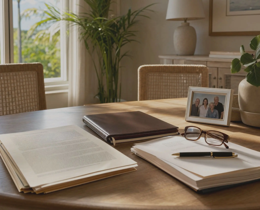 Wellington, Florida probate and estate planning documents on a sunlit wooden table with a pen, reading glasses, and framed family photo.